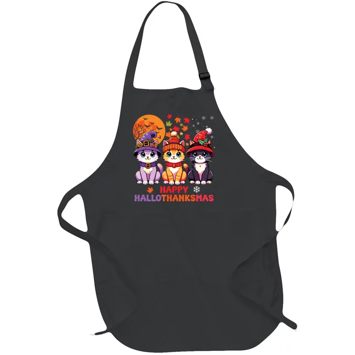 Halloween Thanksgiving Christmas Happy Hallothanksmas Cats Full-Length Apron With Pocket