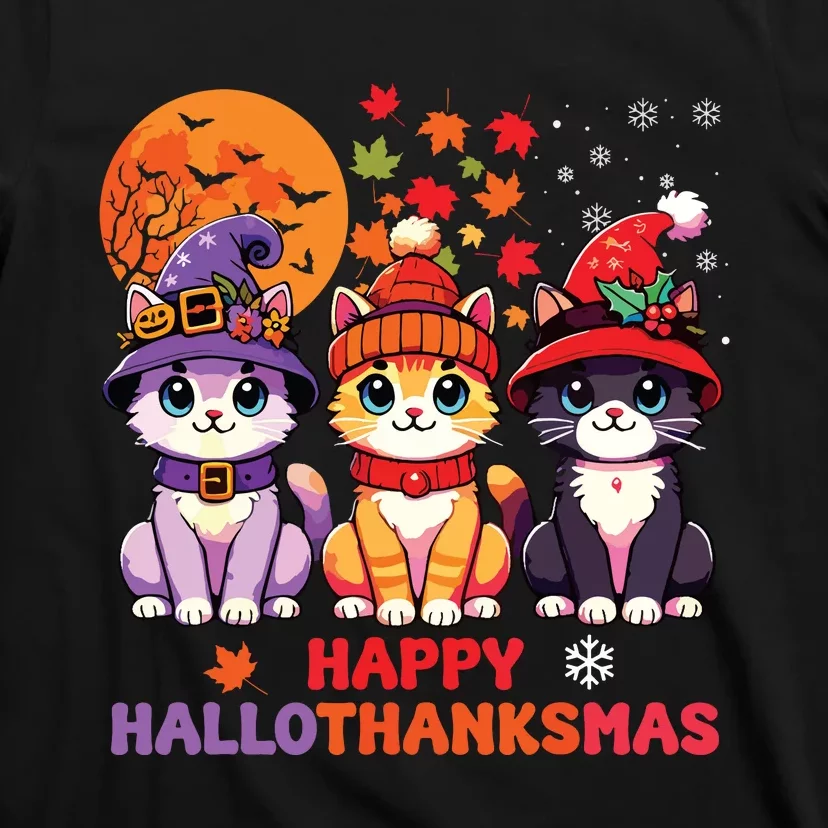 Halloween Thanksgiving Christmas Happy Hallothanksmas Cats T-Shirt