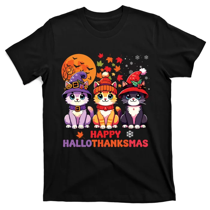 Halloween Thanksgiving Christmas Happy Hallothanksmas Cats T-Shirt