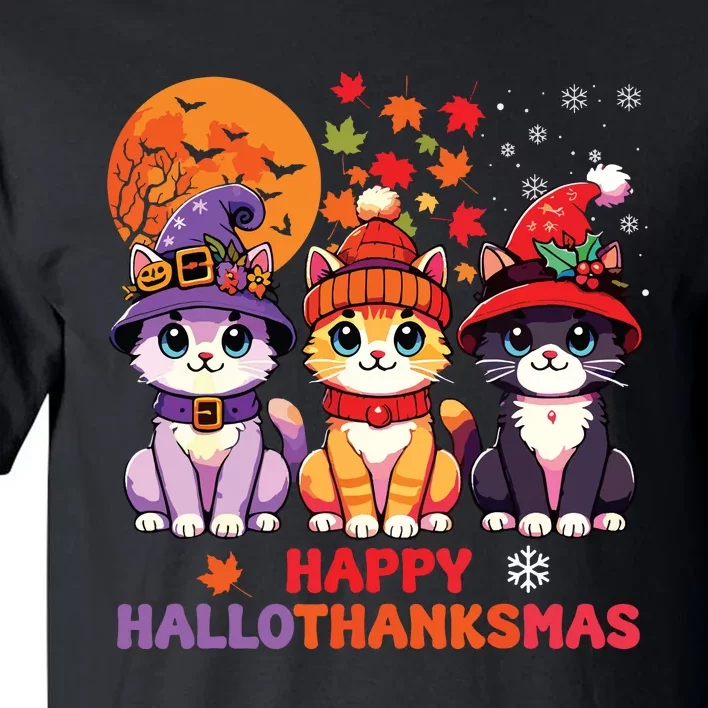 Halloween Thanksgiving Christmas Happy Hallothanksmas Cats Tall T-Shirt