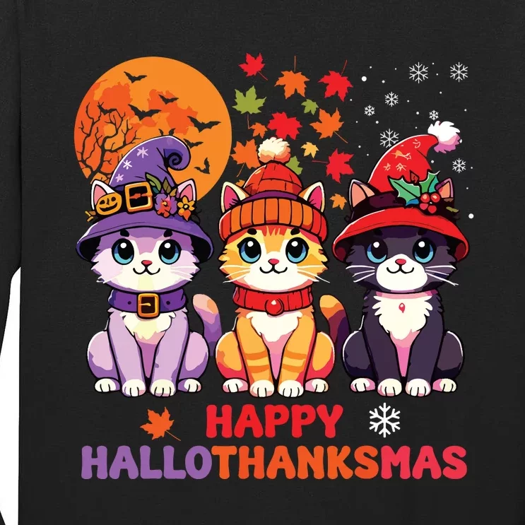 Halloween Thanksgiving Christmas Happy Hallothanksmas Cats Tall Long Sleeve T-Shirt