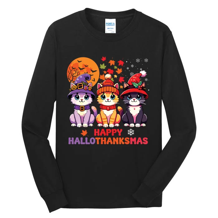 Halloween Thanksgiving Christmas Happy Hallothanksmas Cats Tall Long Sleeve T-Shirt