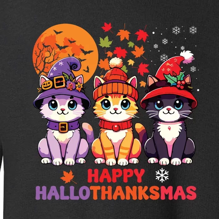 Halloween Thanksgiving Christmas Happy Hallothanksmas Cats Toddler Sweatshirt