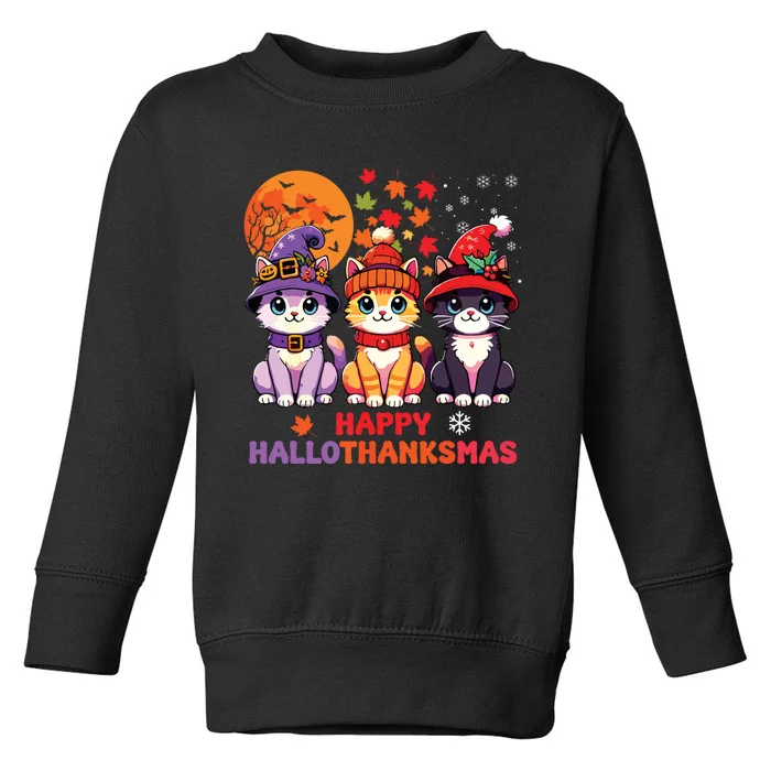 Halloween Thanksgiving Christmas Happy Hallothanksmas Cats Toddler Sweatshirt