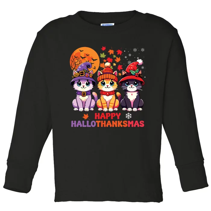 Halloween Thanksgiving Christmas Happy Hallothanksmas Cats Toddler Long Sleeve Shirt