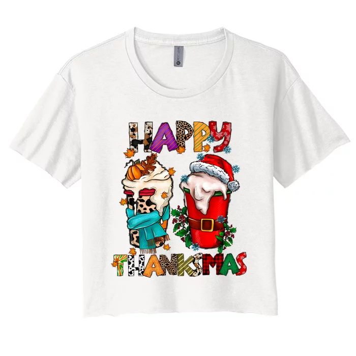 Happy Thanksmas Coffee Latte Thanksgiving Christmas Women's Crop Top Tee