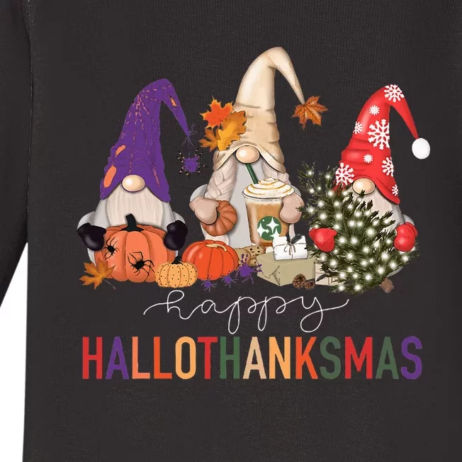 Halloween Thanksgiving Christmas Happy Hallothanksmas Gnomes Baby Long Sleeve Bodysuit