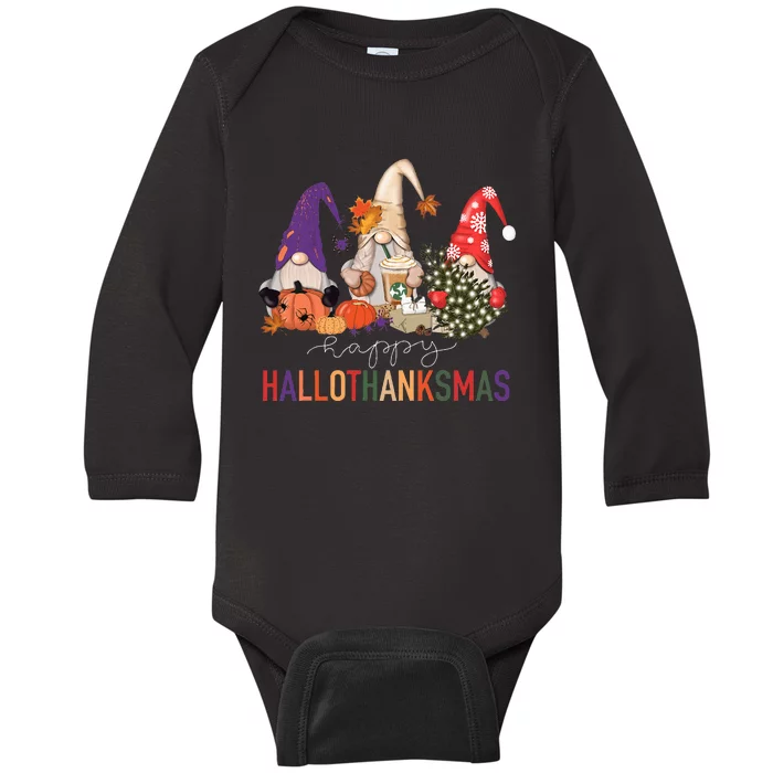 Halloween Thanksgiving Christmas Happy Hallothanksmas Gnomes Baby Long Sleeve Bodysuit