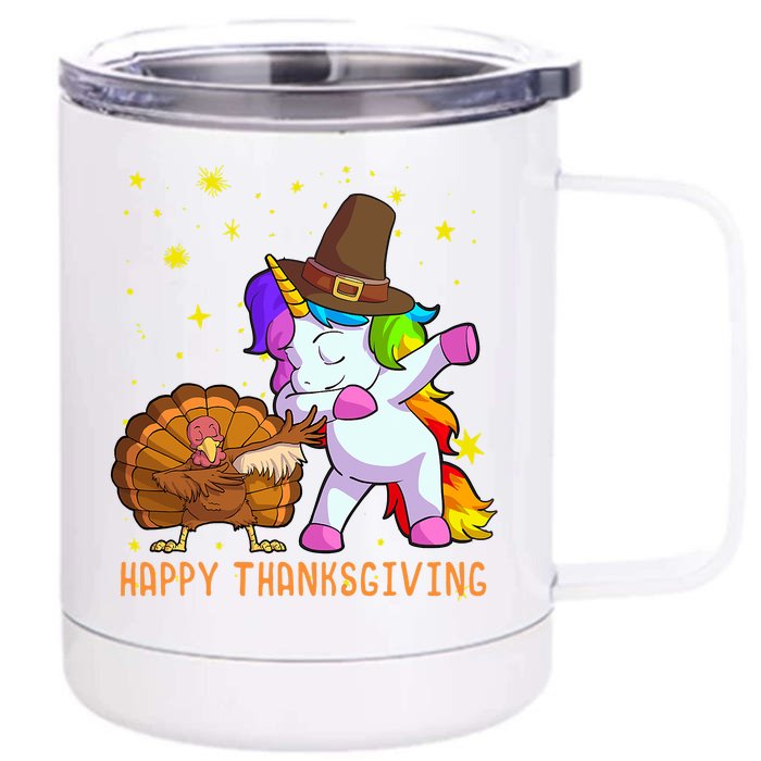 Happy Thanksgiving Cute Unicorn Turkey Dabbing Dance Front & Back 12oz Stainless Steel Tumbler Cup