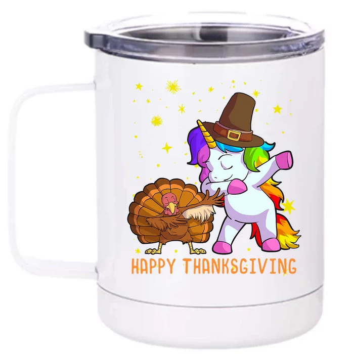 Happy Thanksgiving Cute Unicorn Turkey Dabbing Dance Front & Back 12oz Stainless Steel Tumbler Cup