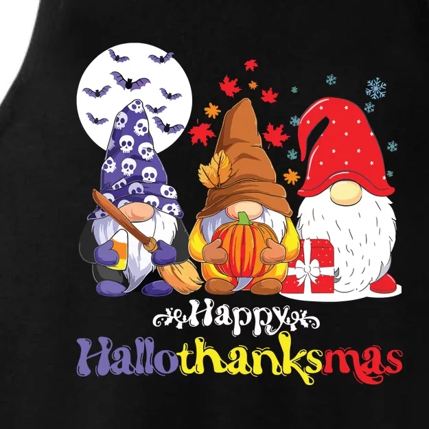 Halloween Thanksgiving Christmas Happy Hallothanksmas Gnomes Ladies Tri-Blend Wicking Tank