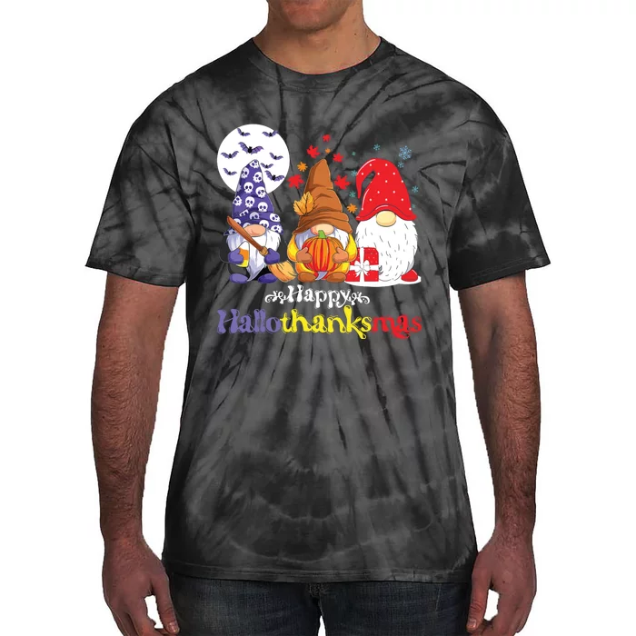 Halloween Thanksgiving Christmas Happy Hallothanksmas Gnomes Tie-Dye T-Shirt