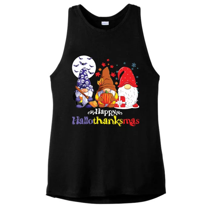 Halloween Thanksgiving Christmas Happy Halvlothanksmas Gnomes Ladies Tri-Blend Wicking Tank