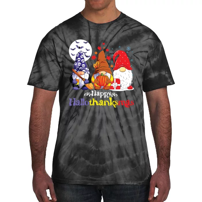 Halloween Thanksgiving Christmas Happy Halvlothanksmas Gnomes Tie-Dye T-Shirt