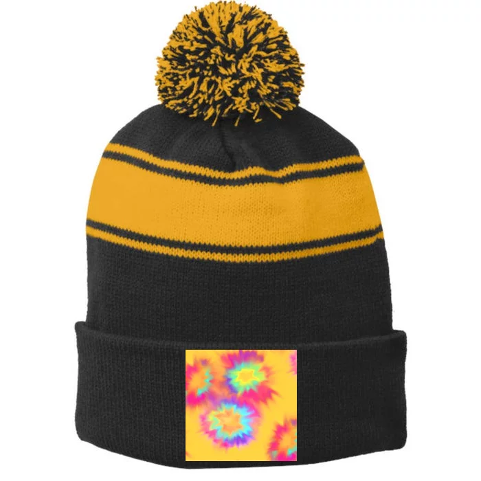 Hippie Tye Dye Neon Pattern Stripe Pom Pom Beanie