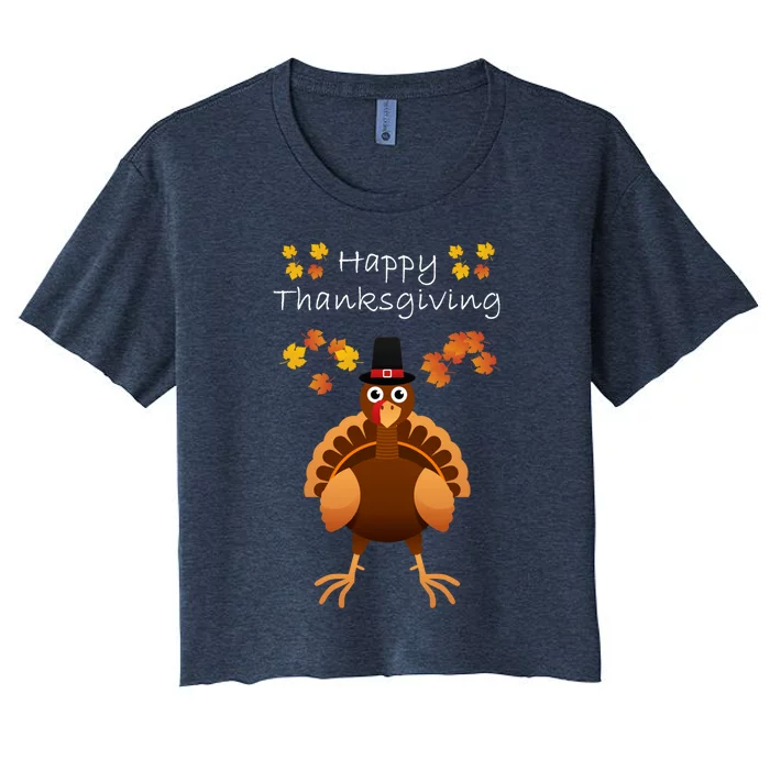 Happy Thanksgiving Day Funny Cute Pilgrim Turkey Women's Crop Top Tee