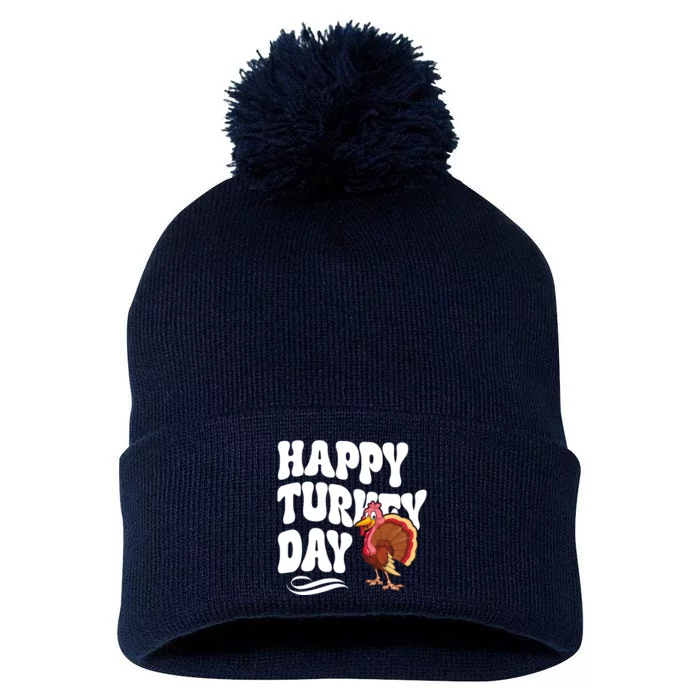 Happy Turkey Day Thanksgiving Holiday Pom Pom 12in Knit Beanie