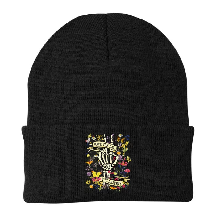 Have The Day You Deserve Skeleton Peace Hand Sign Floral Knit Cap Winter Beanie