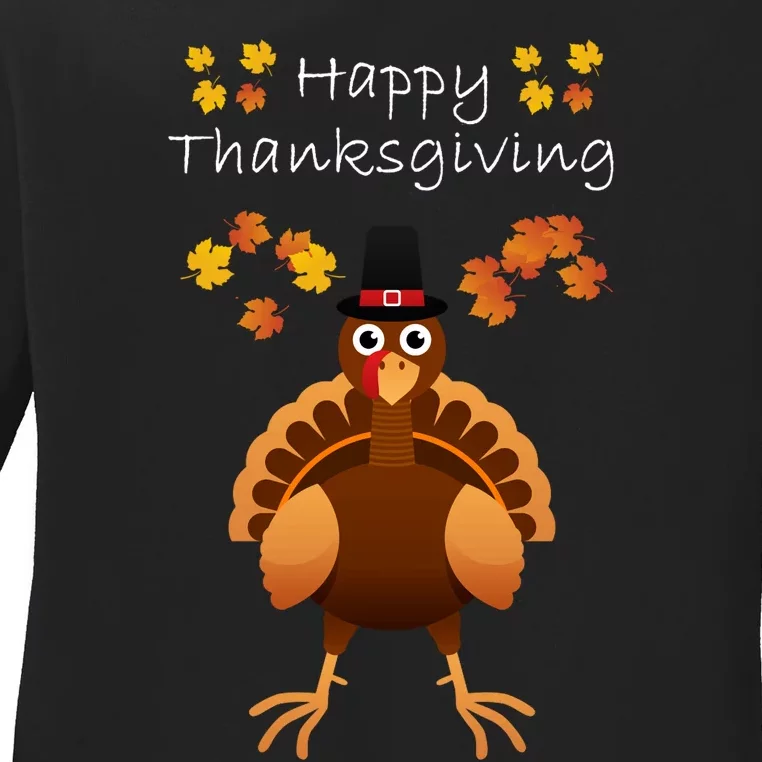 Happy Thanksgiving Day Funny Cute Pilgrim Turkey Long Sleeve Ladies Long Sleeve Shirt