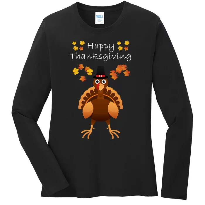 Happy Thanksgiving Day Funny Cute Pilgrim Turkey Long Sleeve Ladies Long Sleeve Shirt