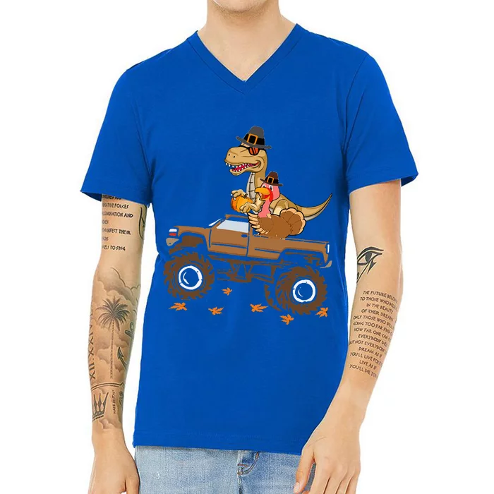 Happy Thanksgiving dinosaur Turkey Riding truck V-Neck T-Shirt