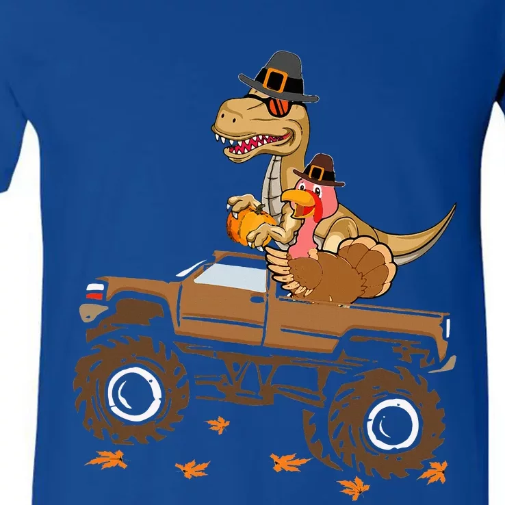 Happy Thanksgiving dinosaur Turkey Riding truck V-Neck T-Shirt