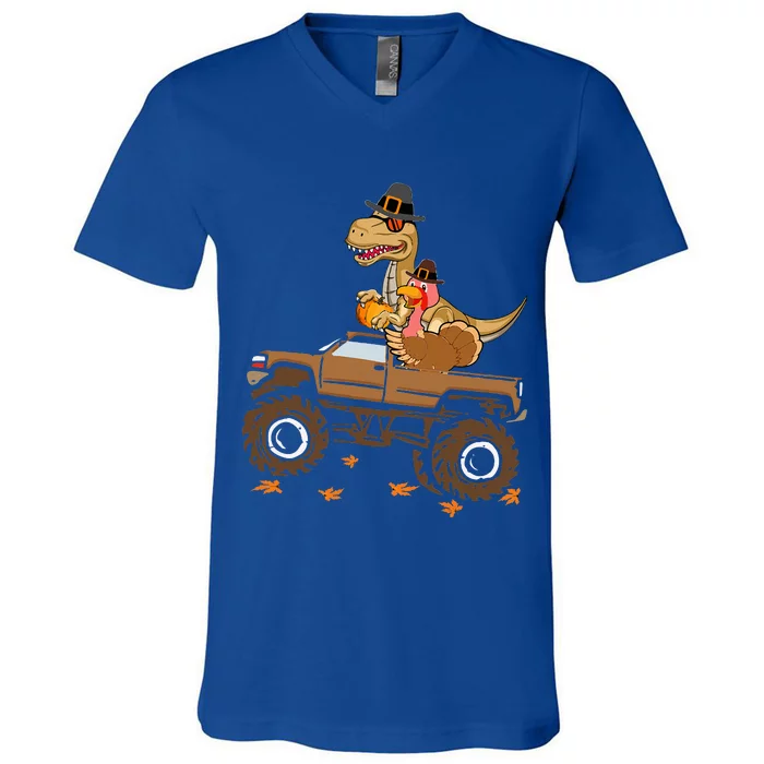 Happy Thanksgiving dinosaur Turkey Riding truck V-Neck T-Shirt