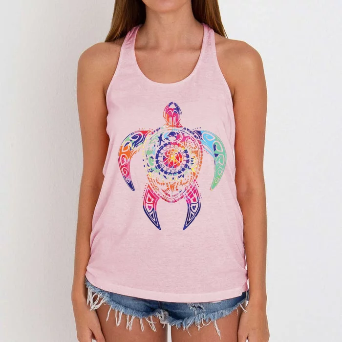 Hippie Tie Dye Psychedelic Sea Turtle Tribal Tee Women's Knotted Racerback Tank