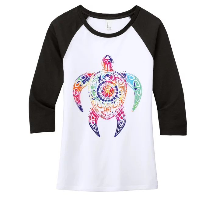 Hippie Tie Dye Psychedelic Sea Turtle Tribal Tee Women's Tri-Blend 3/4-Sleeve Raglan Shirt