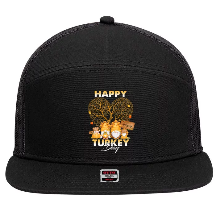 Happy Turkey Day Thanksgiving Day Gnomes Pumpkin Autumn 7 Panel Mesh Trucker Snapback Hat