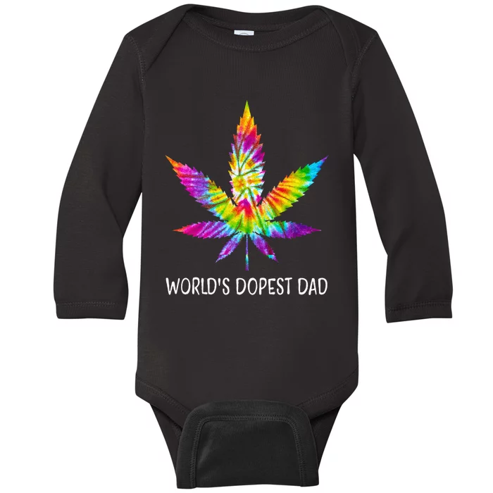 Hippie Tie Dye 420 Worlds Dopest Dad Funny Marijuana Leaf Baby Long Sleeve Bodysuit