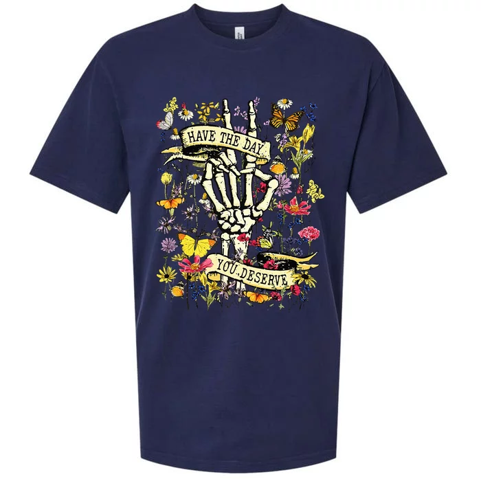 Have The Day You Deserve Skeleton Peace Hand Sign Floral Sueded Cloud Jersey T-Shirt