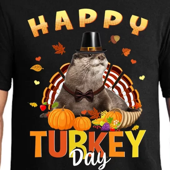 Happy Turkey Day Cute Otter Thanksgiving Day Tees Holiday Gift Pajama Set