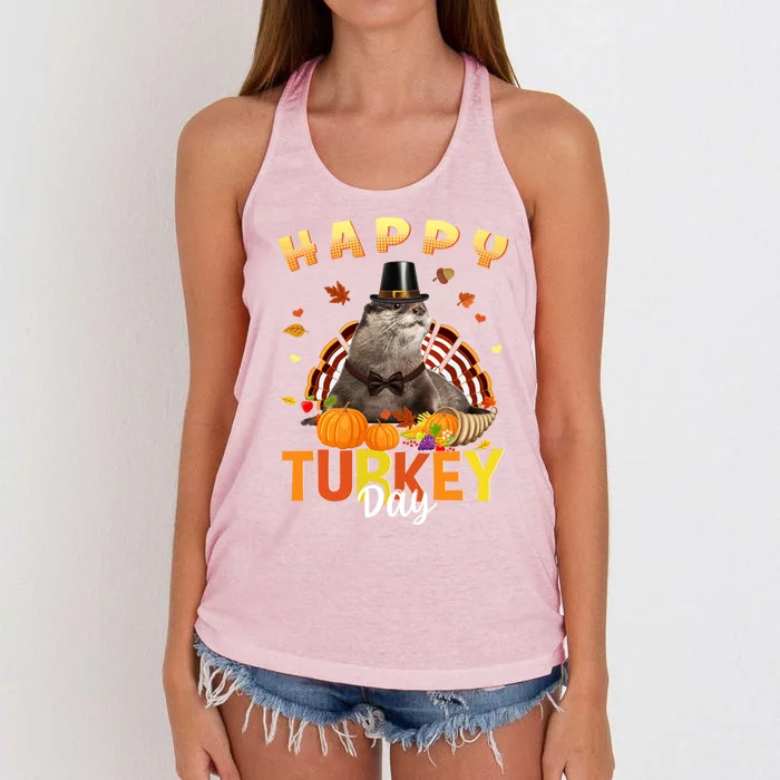 Happy Turkey Day Cute Otter Thanksgiving Day Tees Holiday Gift Women's Knotted Racerback Tank