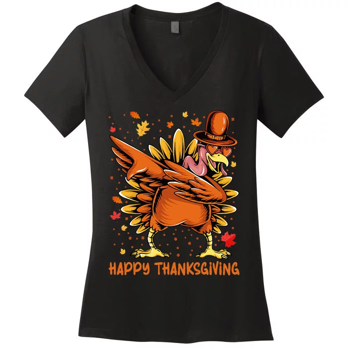 Happy Thanksgiving Dabbing Turkey Day Pilgrim Women's V-Neck T-Shirt