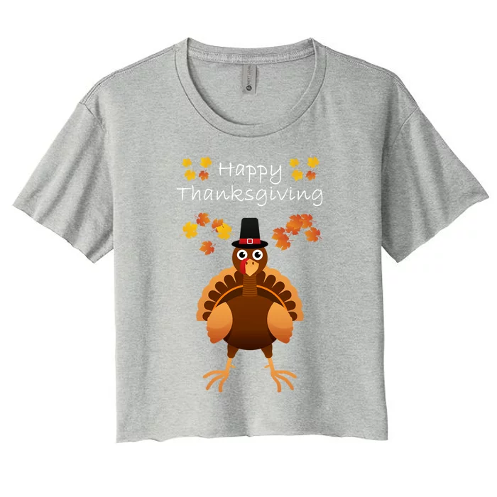 Happy Thanksgiving Day Funny Cute Pilgrim Turkey Gift Women's Crop Top Tee