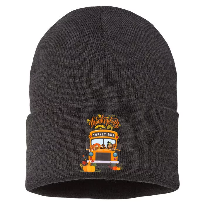 Happy Thanksgiving Day Turkey School Bus Driver Gifts Sustainable Knit Beanie