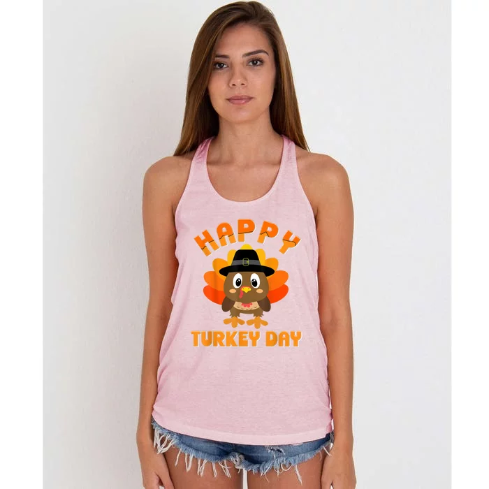 Happy Turkey Day Cool Gift Cute Little Pilgrim Gift Thanksgiving Funny Gift Women's Knotted Racerback Tank