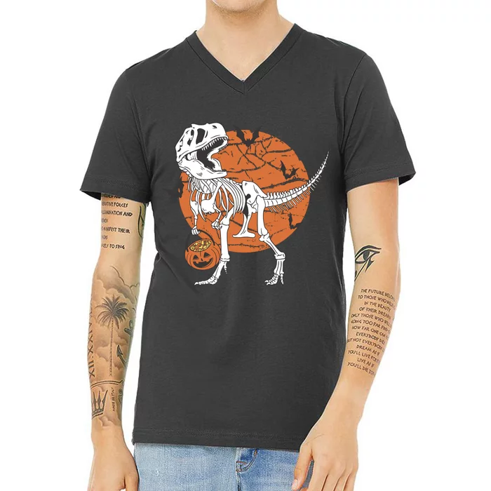 Halloween TRex Dinosaur Skeleton V-Neck T-Shirt