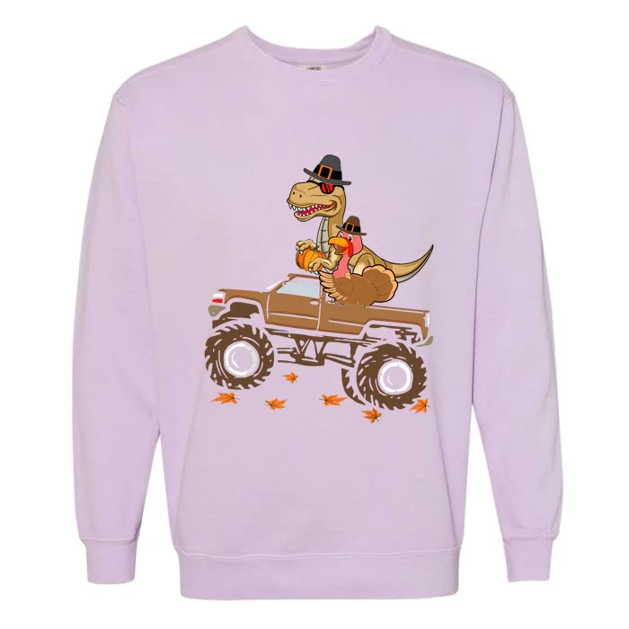 Happy Thanksgiving Dinosaur Turkey Riding Truck Garment-Dyed Sweatshirt