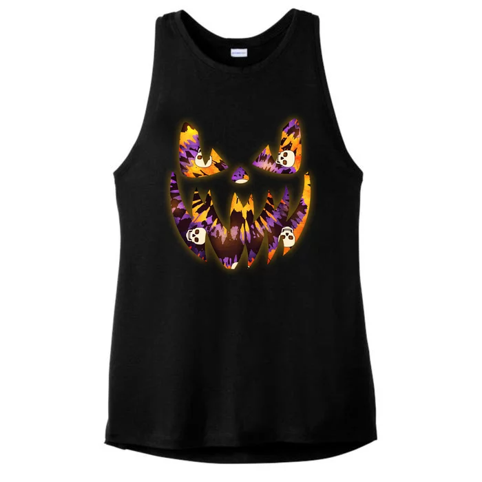 Halloween Tie Dye Jackolantern Face Ladies Tri-Blend Wicking Tank