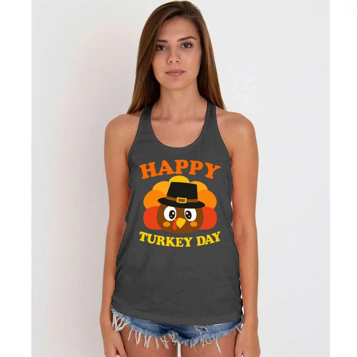 Happy Turkey Day Cute Little Pilgrim Gift Thanksgiving Women's Knotted Racerback Tank