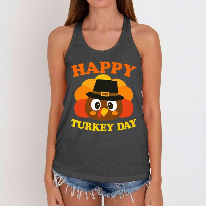 Happy Turkey Day Cute Little Pilgrim Gift Thanksgiving Women's Knotted Racerback Tank