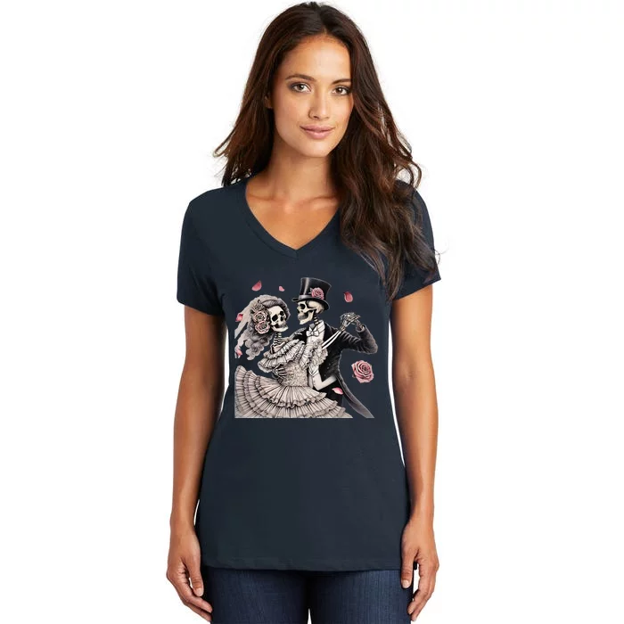 Halloween Thrills Dancing Skeleton Couple Cyborg Zombie Women's V-Neck T-Shirt