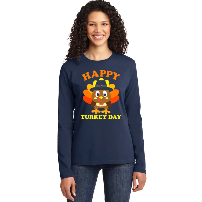 Happy Turkey Day, Cute Little Pilgrim Gift Thanksgiving Ladies Long Sleeve Shirt