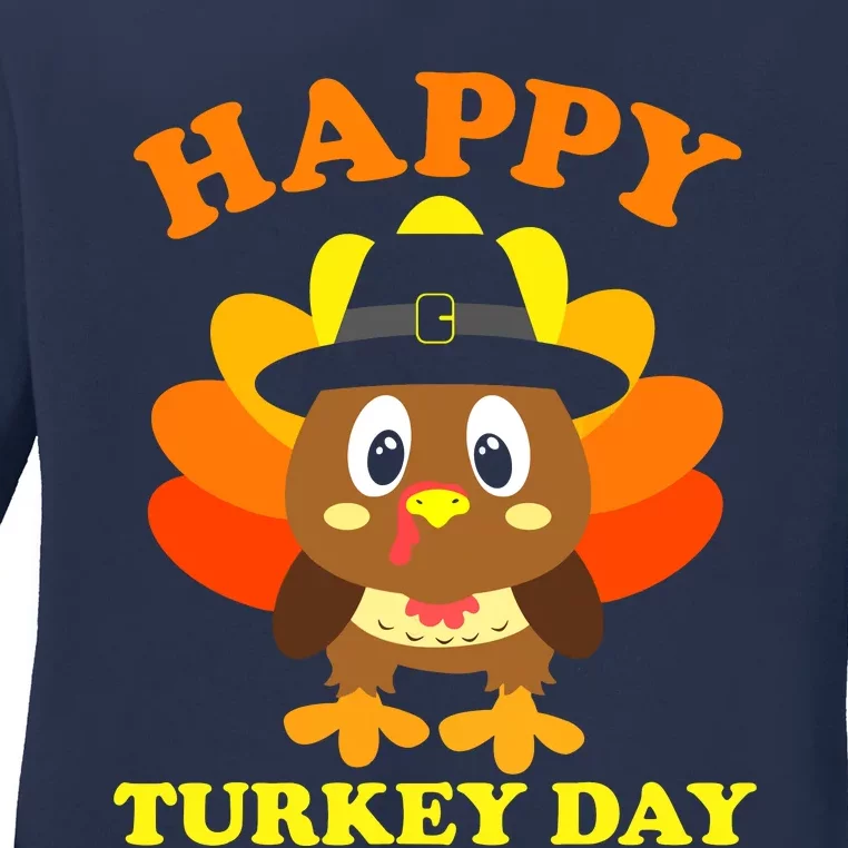 Happy Turkey Day, Cute Little Pilgrim Gift Thanksgiving Ladies Long Sleeve Shirt