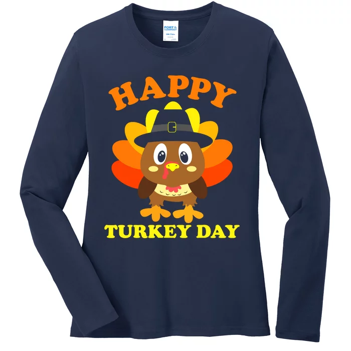 Happy Turkey Day, Cute Little Pilgrim Gift Thanksgiving Ladies Long Sleeve Shirt