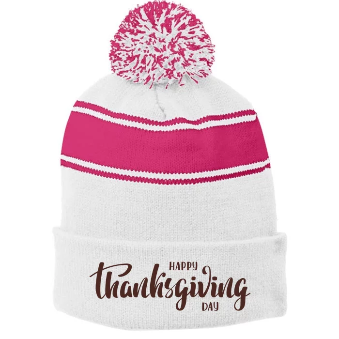 Happy Thanksgiving Day Holiday Stripe Pom Pom Beanie