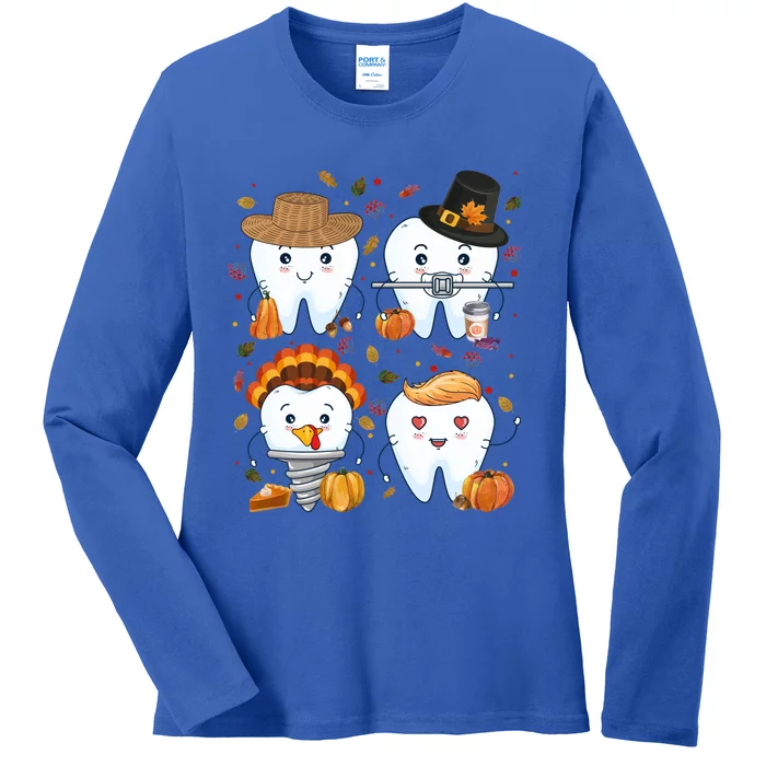 Happy Thanksgiving Dental Turkey Costume Dental Squad Crew Great Gift Ladies Long Sleeve Shirt