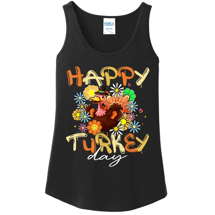 Happy Turkey Day Autumn Fall Retro Groovy Thanksgiving Ladies Essential Tank